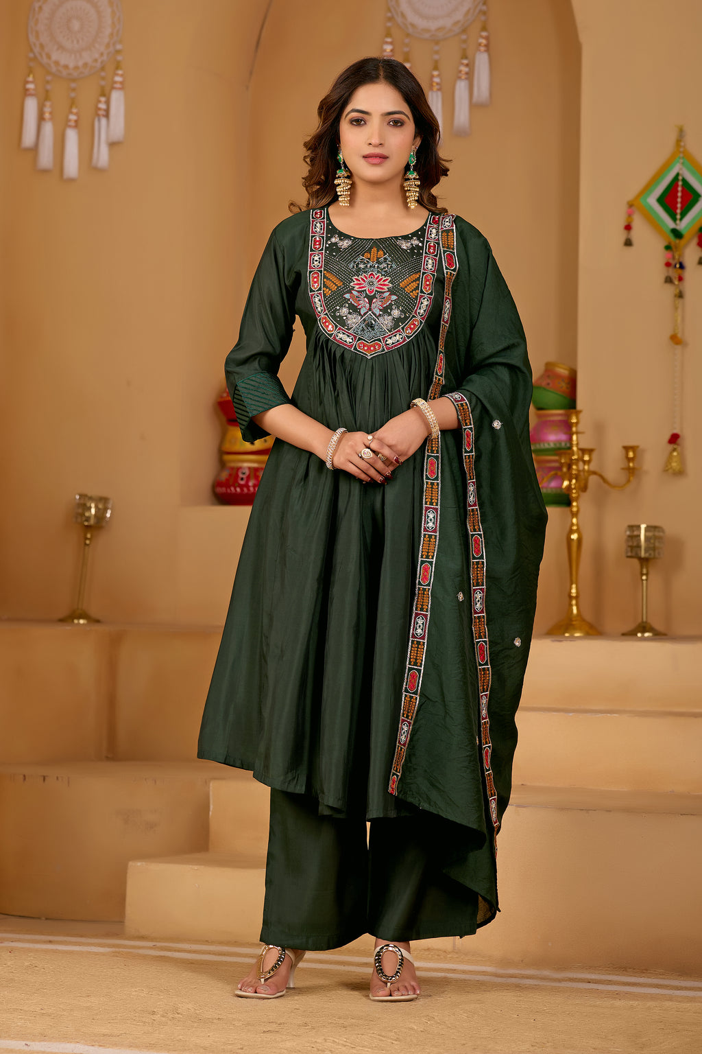 Bottle Green Roman Silk Intricate Embroidery Kurta Set with Dupatta | 3-Piece Festive Wear