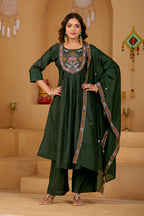 Bottle Green Roman Silk Intricate Embroidery Kurta Set with Dupatta | 3-Piece Festive Wear
