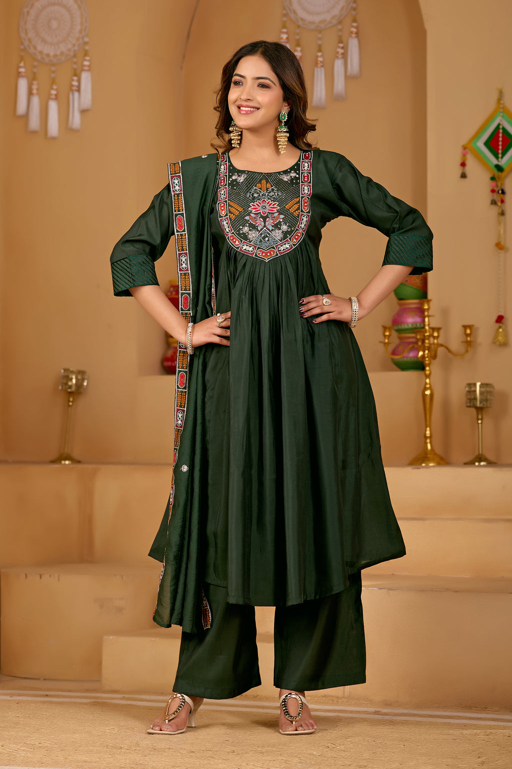 Bottle Green Roman Silk Intricate Embroidery Kurta Set with Dupatta | 3-Piece Festive Wear