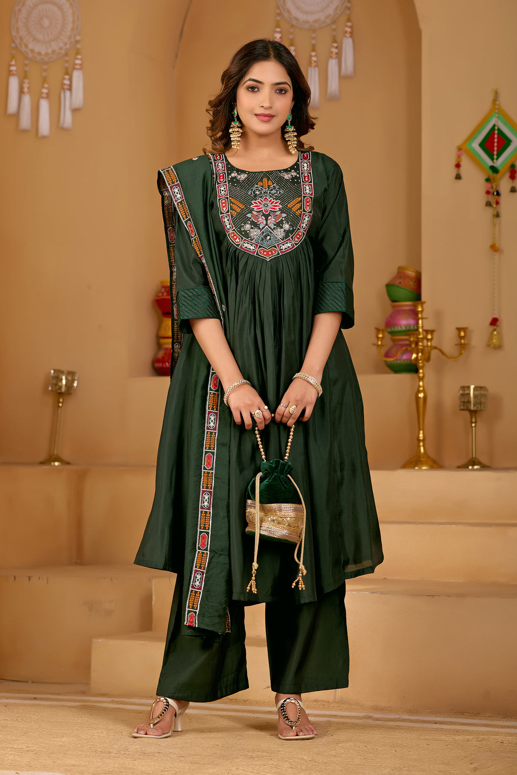 Bottle Green Roman Silk Intricate Embroidery Kurta Set with Dupatta | 3-Piece Festive Wear