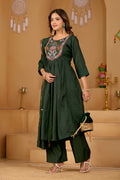 Bottle Green Roman Silk Intricate Embroidery Kurta Set with Dupatta | 3-Piece Festive Wear