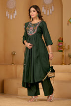 Bottle Green Roman Silk Intricate Embroidery Kurta Set with Dupatta | 3-Piece Festive Wear