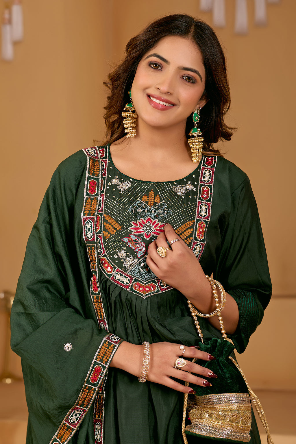 Bottle Green Roman Silk Intricate Embroidery Kurta Set with Dupatta | 3-Piece Festive Wear