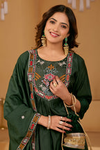 Bottle Green Roman Silk Intricate Embroidery Kurta Set with Dupatta | 3-Piece Festive Wear
