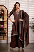 Chocolate Brown Roman Silk Trangle Embroidered Kurta Set with Dupatta for Women (3-Piece Festive Wear)