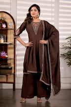 Chocolate Brown Roman Silk Trangle Embroidered Kurta Set with Dupatta for Women (3-Piece Festive Wear)