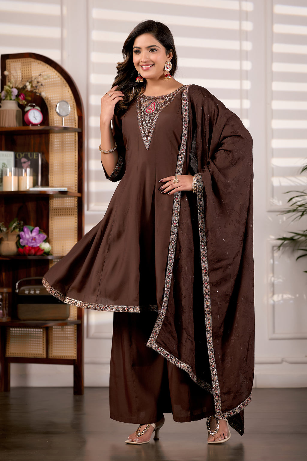 Chocolate Brown Roman Silk Trangle Embroidered Kurta Set with Dupatta for Women (3-Piece Festive Wear)