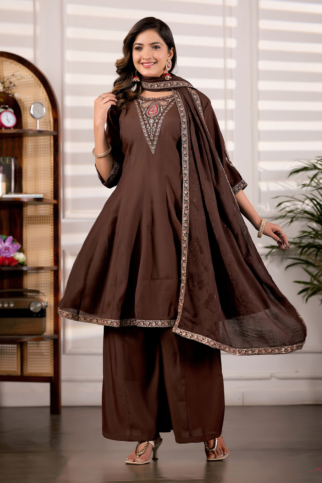 Chocolate Brown Roman Silk Trangle Embroidered Kurta Set with Dupatta for Women (3-Piece Festive Wear)