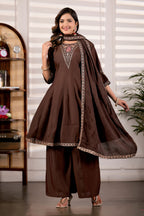 Chocolate Brown Roman Silk Trangle Embroidered Kurta Set with Dupatta for Women (3-Piece Festive Wear)