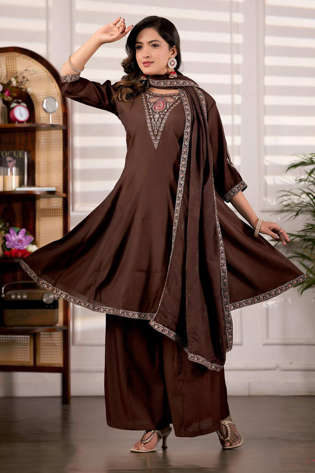 Chocolate Brown Roman Silk Trangle Embroidered Kurta Set with Dupatta for Women (3-Piece Festive Wear)