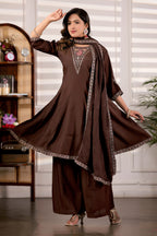 Chocolate Brown Roman Silk Trangle Embroidered Kurta Set with Dupatta for Women (3-Piece Festive Wear)