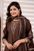 Chocolate Brown Roman Silk Trangle Embroidered Kurta Set with Dupatta for Women (3-Piece Festive Wear)