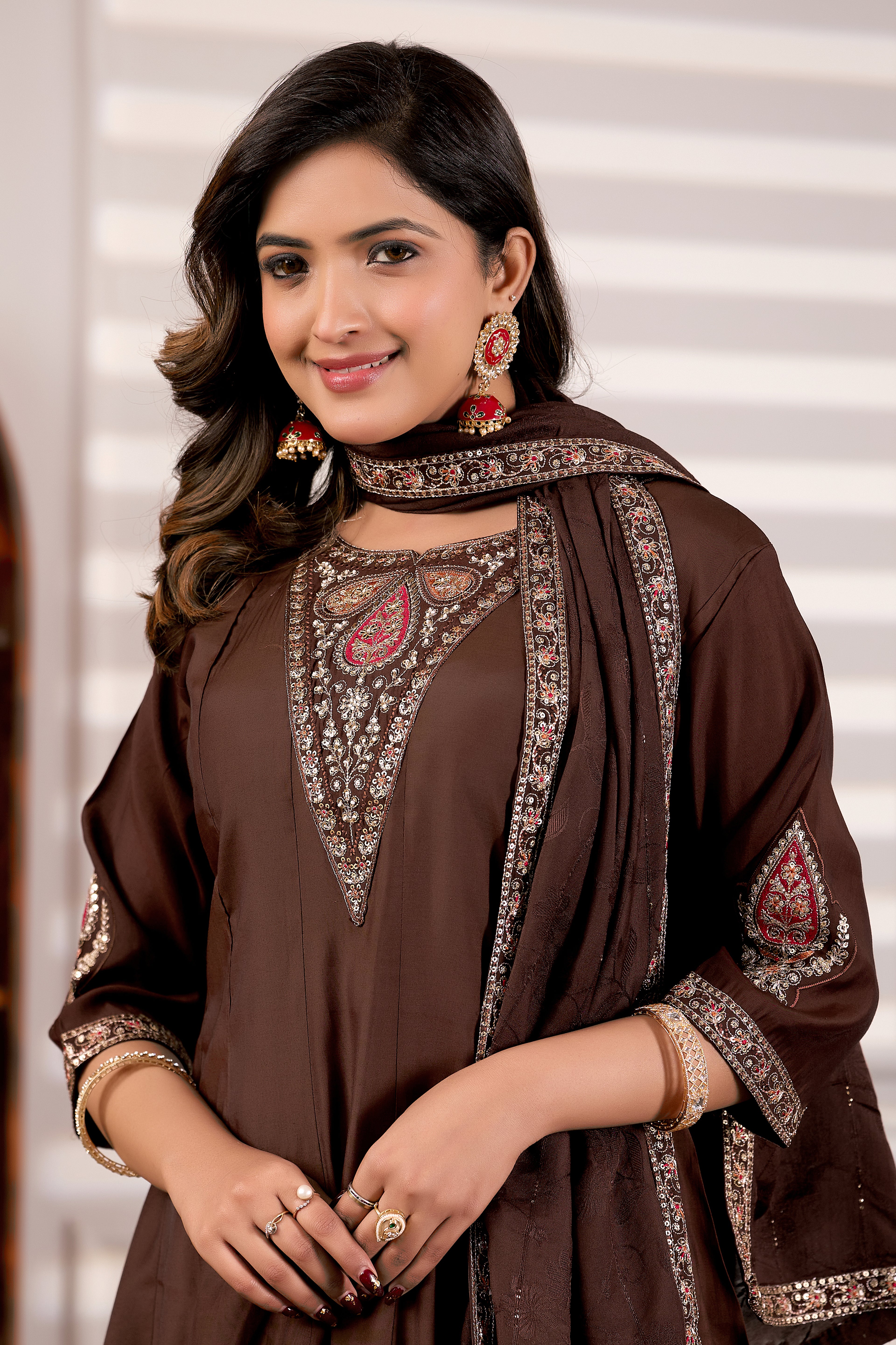 Chocolate Brown Roman Silk Trangle Embroidered Kurta Set with Dupatta for Women (3-Piece Festive Wear)