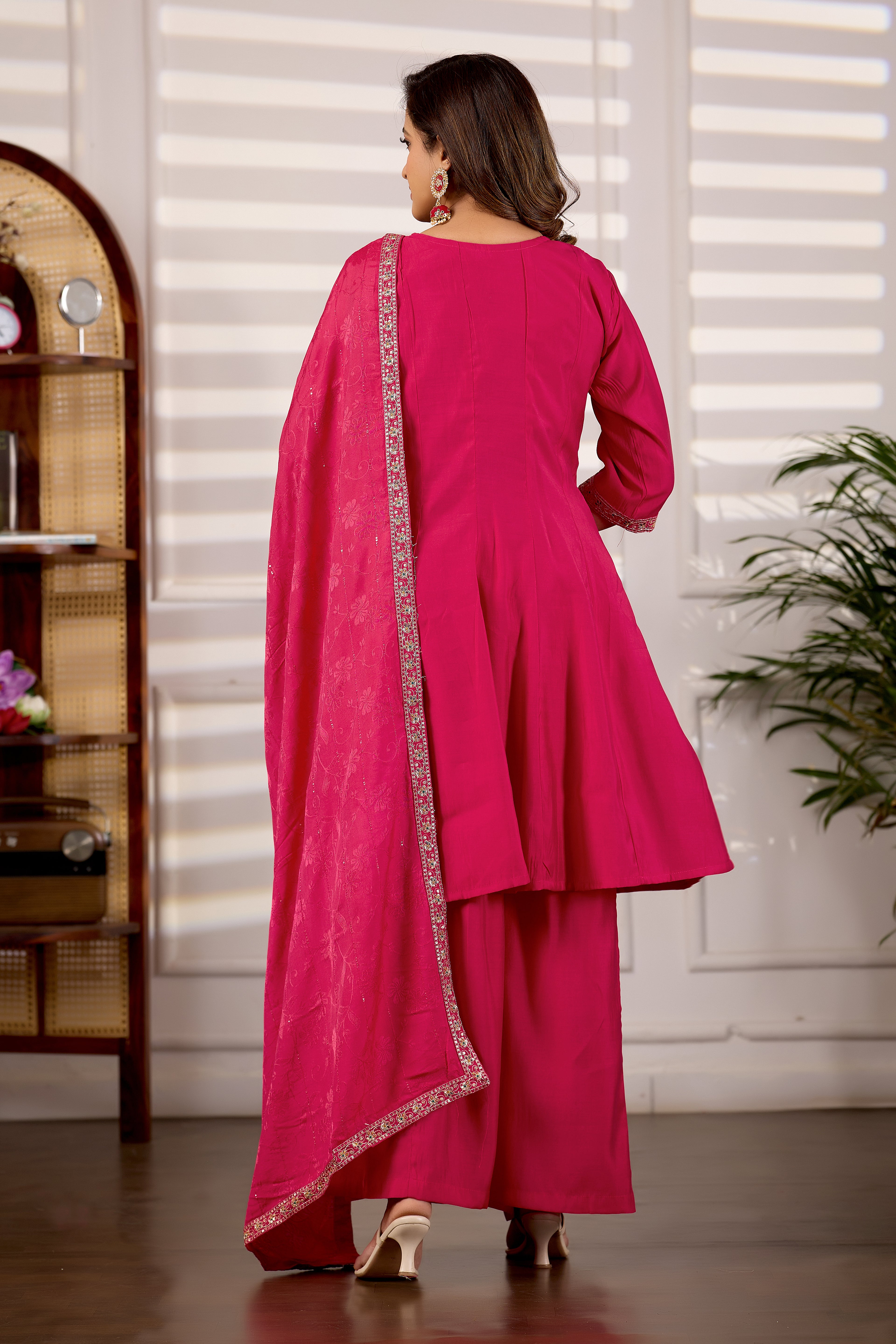 Rani Pink Roman Silk Trangle Embroidered Kurta Set with Dupatta for Women | 3-Piece Festive Wear