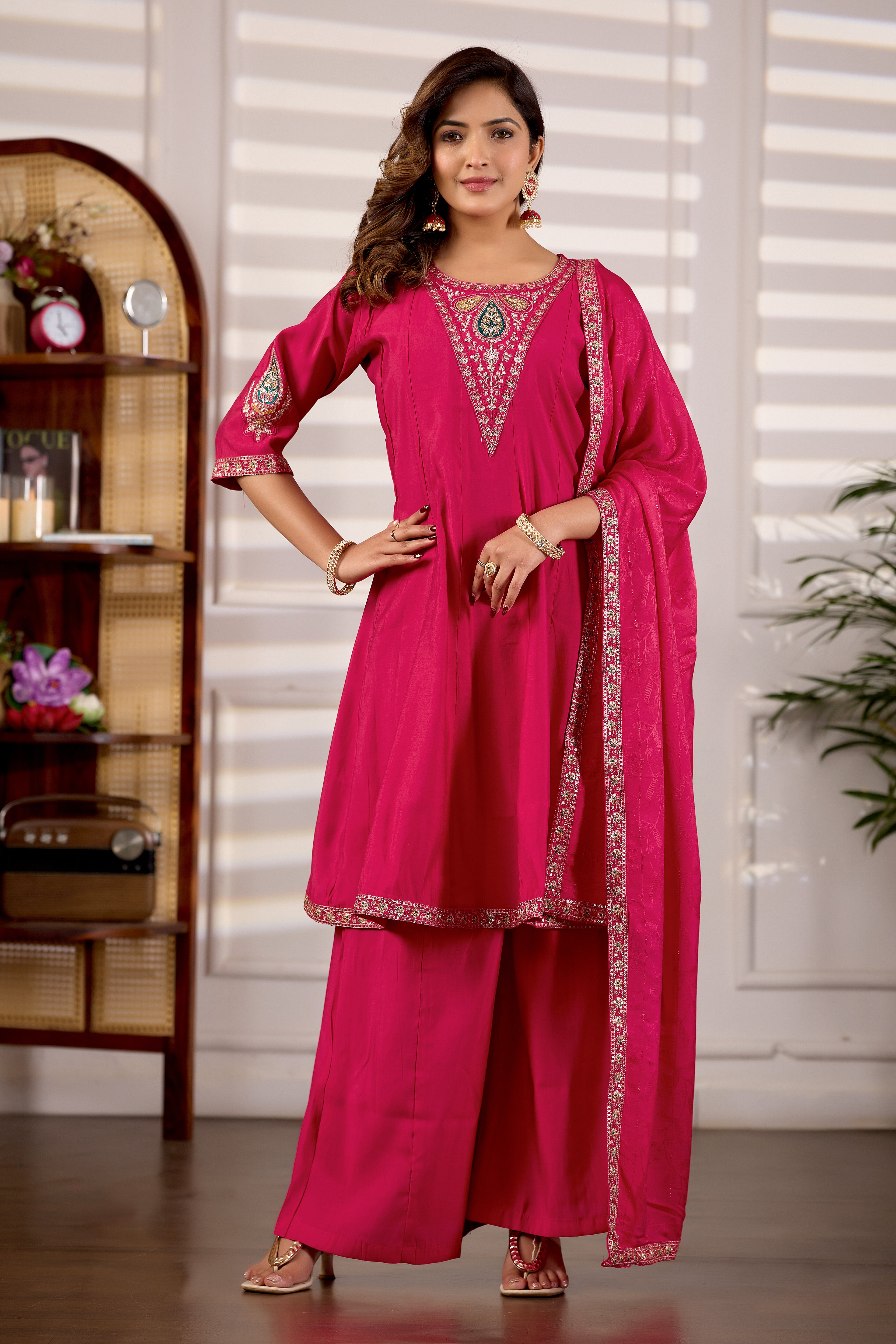 Rani Pink Roman Silk Trangle Embroidered Kurta Set with Dupatta for Women | 3-Piece Festive Wear