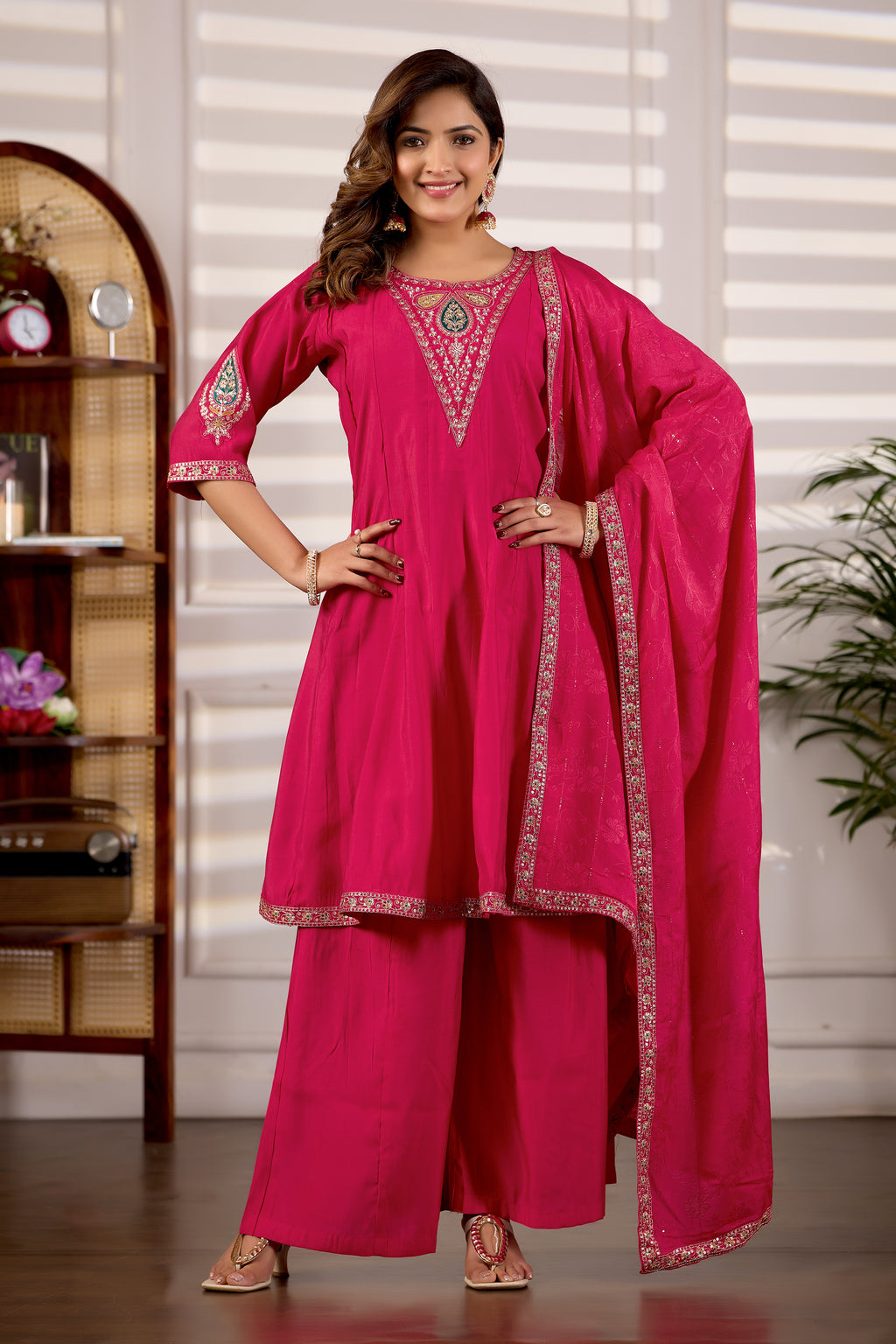 Rani Pink Roman Silk Trangle Embroidered Kurta Set with Dupatta for Women | 3-Piece Festive Wear