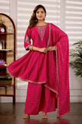 Rani Pink Roman Silk Trangle Embroidered Kurta Set with Dupatta for Women | 3-Piece Festive Wear