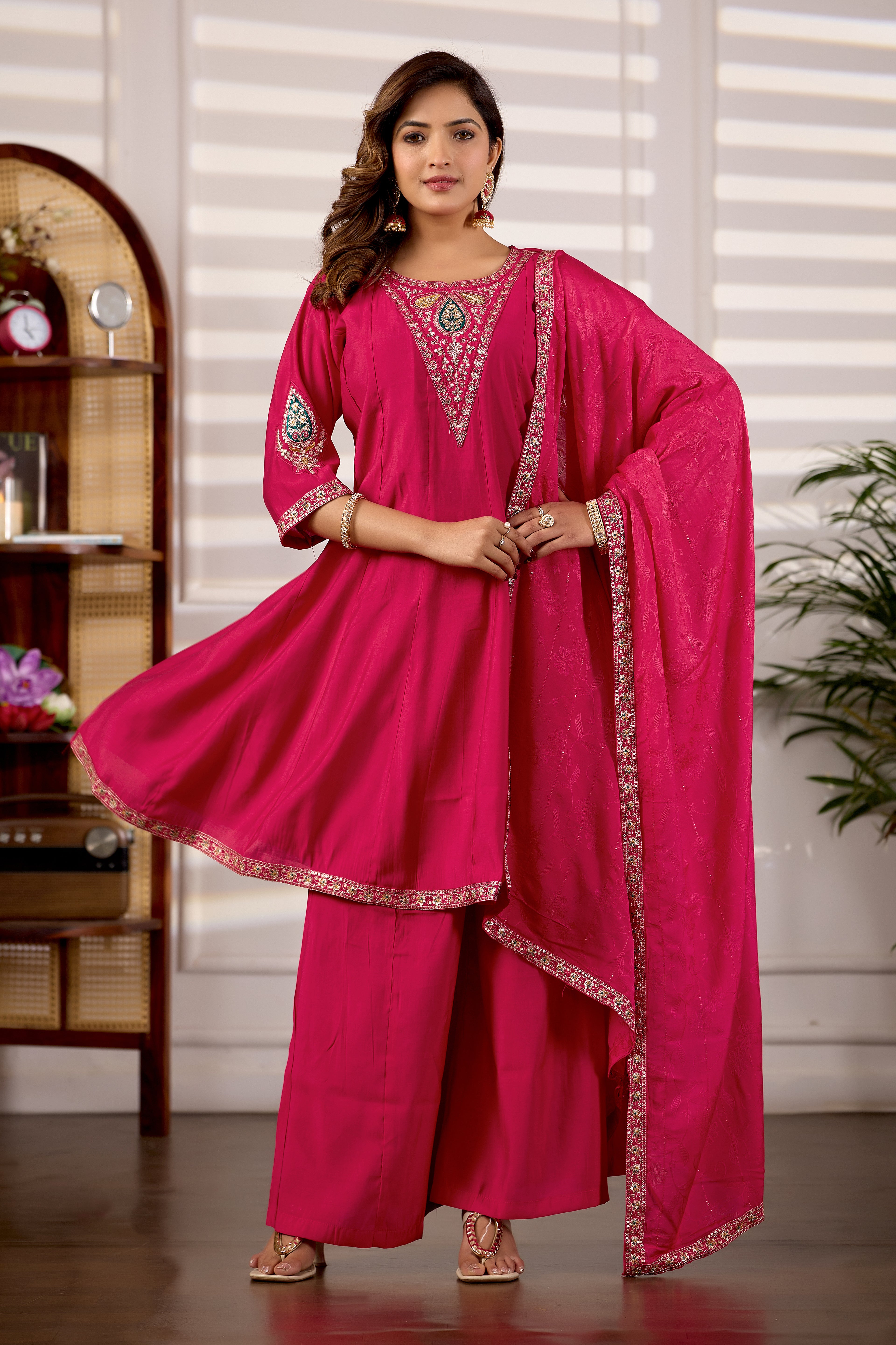 Rani Pink Roman Silk Trangle Embroidered Kurta Set with Dupatta for Women | 3-Piece Festive Wear