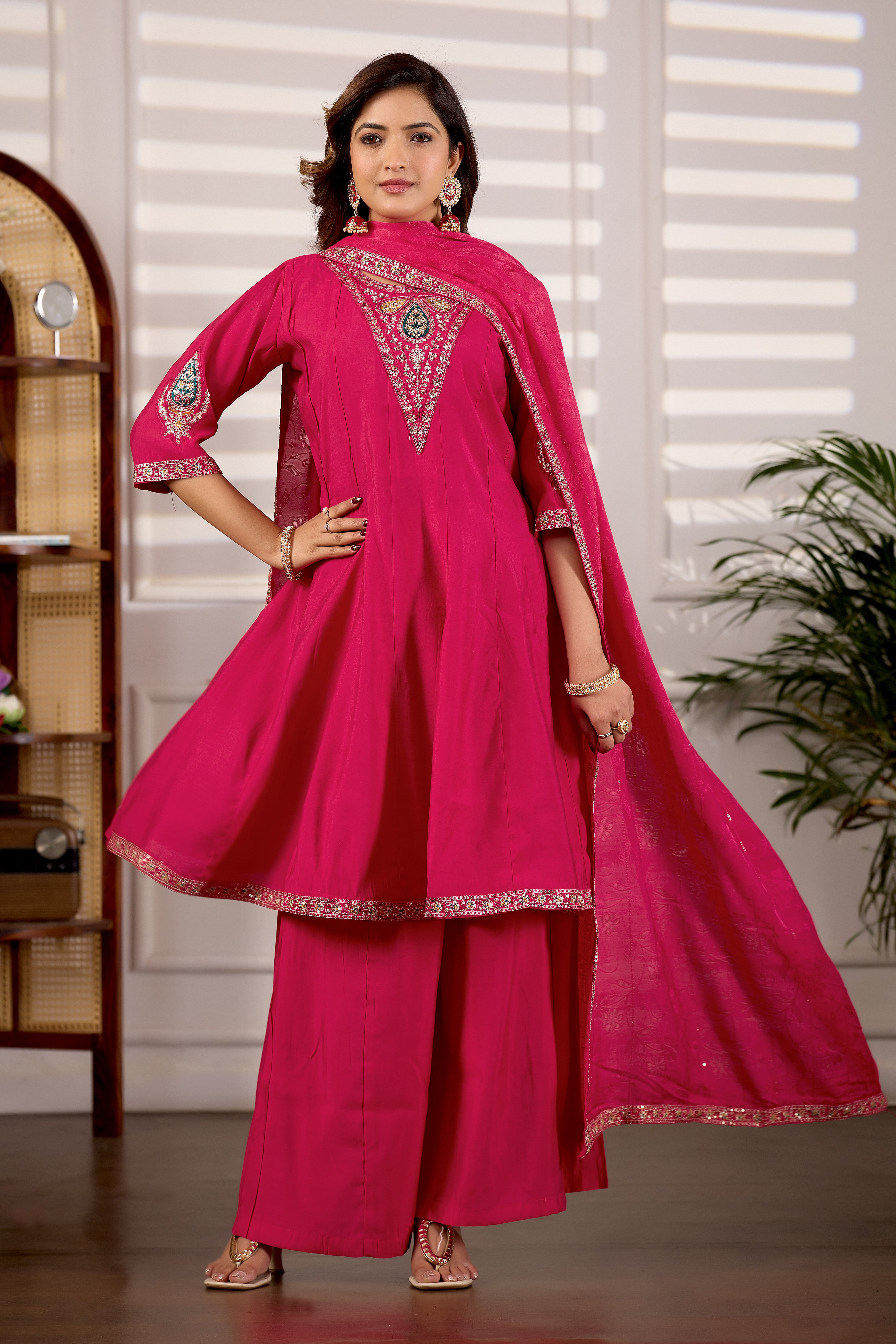 Rani Pink Roman Silk Trangle Embroidered Kurta Set with Dupatta for Women | 3-Piece Festive Wear