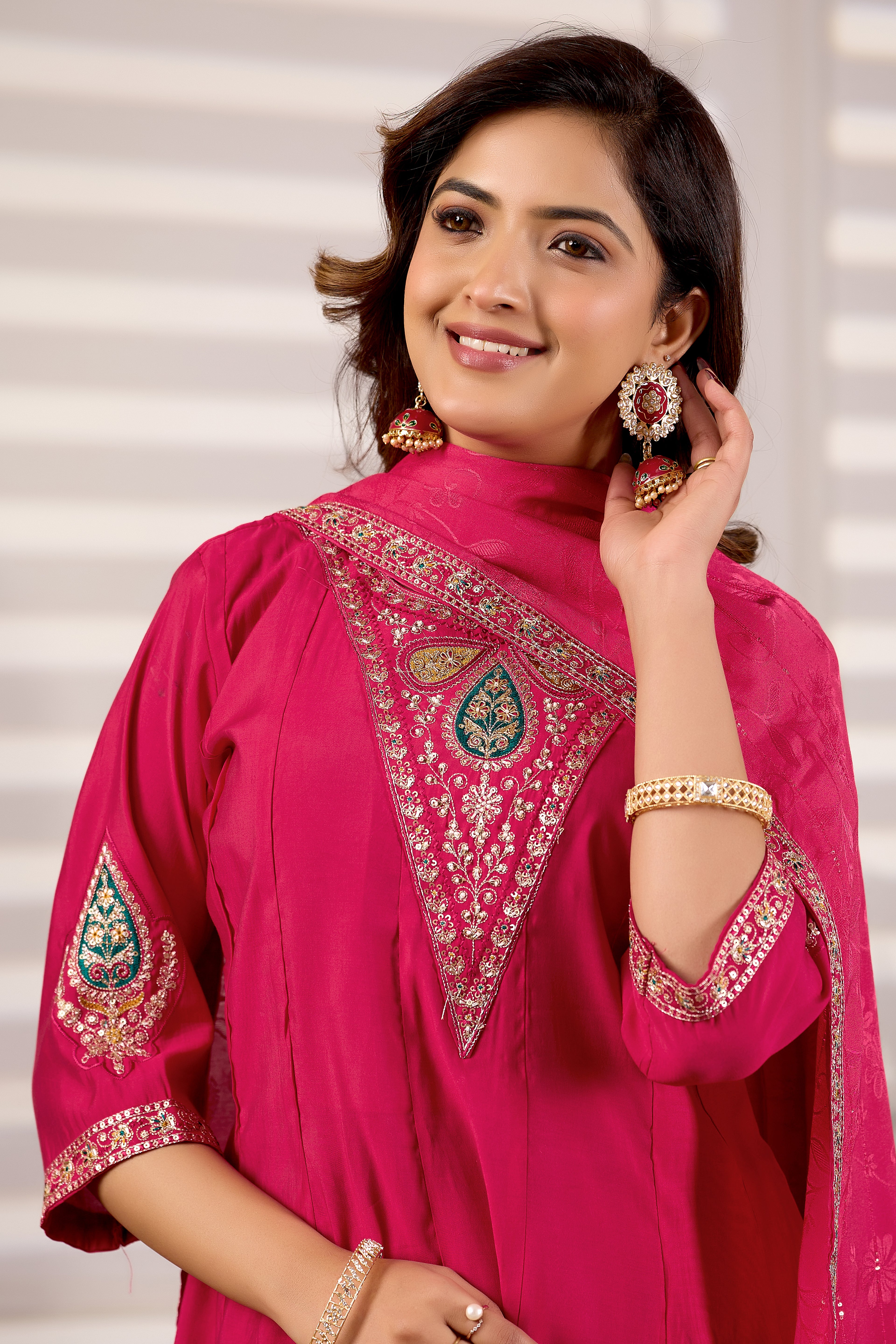 Rani Pink Roman Silk Trangle Embroidered Kurta Set with Dupatta for Women | 3-Piece Festive Wear