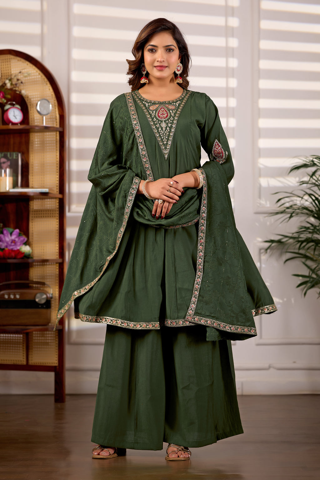 Hunter Green Roman Silk Trangle Embroidered Kurta Set with Dupatta for Women | 3-Piece Festive Wear