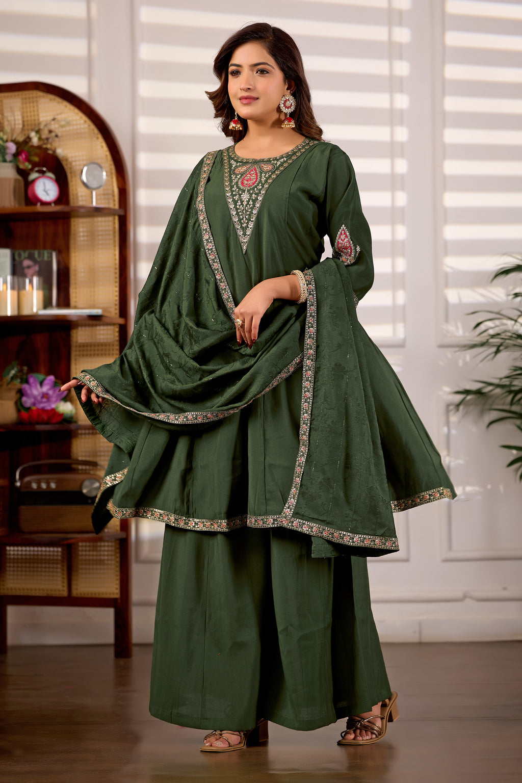Hunter Green Roman Silk Trangle Embroidered Kurta Set with Dupatta for Women | 3-Piece Festive Wear