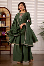 Hunter Green Roman Silk Trangle Embroidered Kurta Set with Dupatta for Women | 3-Piece Festive Wear