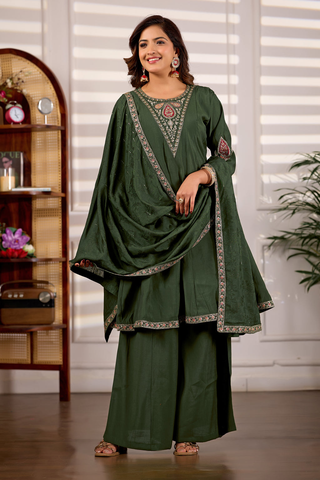 Hunter Green Roman Silk Trangle Embroidered Kurta Set with Dupatta for Women | 3-Piece Festive Wear