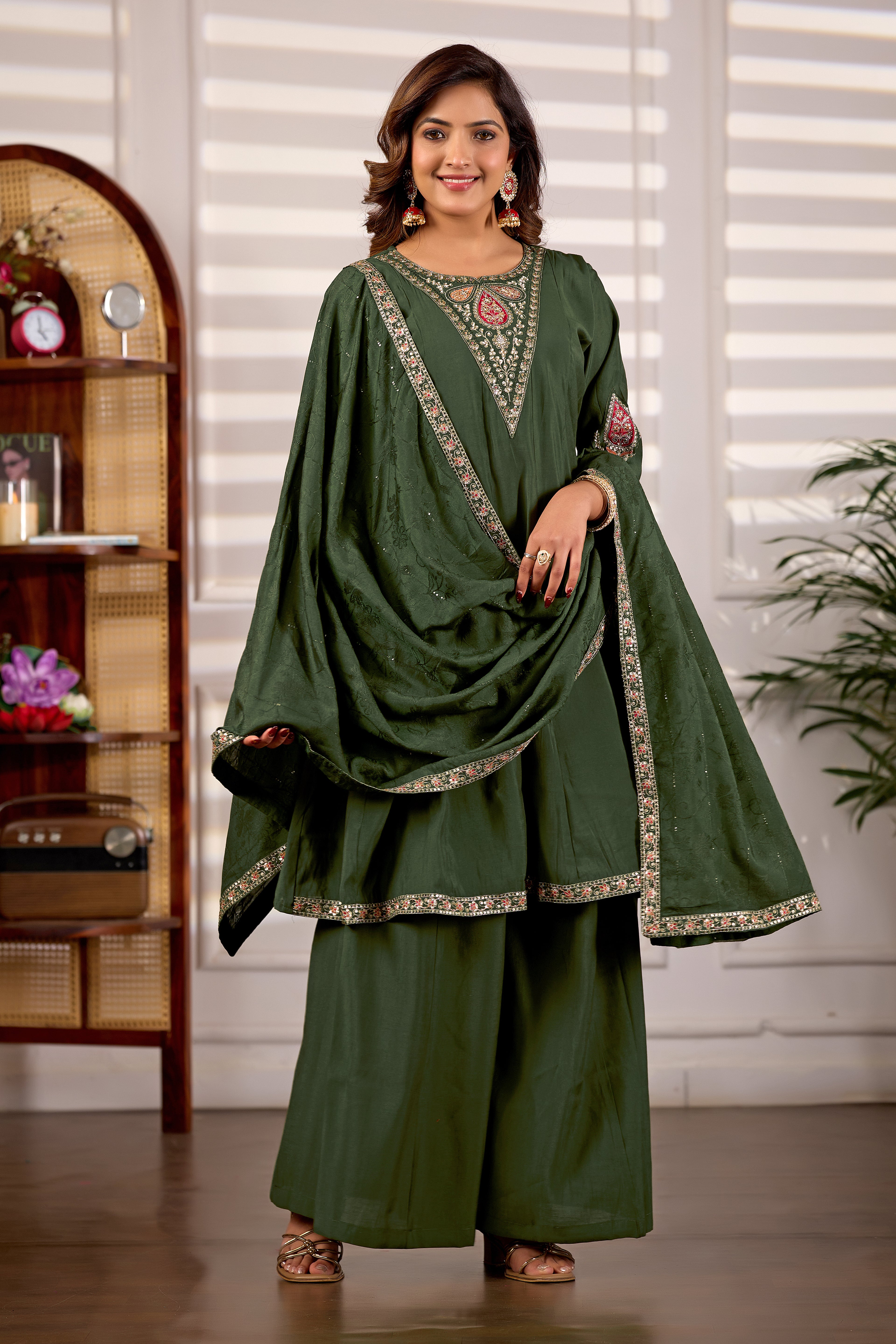 Hunter Green Roman Silk Trangle Embroidered Kurta Set with Dupatta for Women | 3-Piece Festive Wear