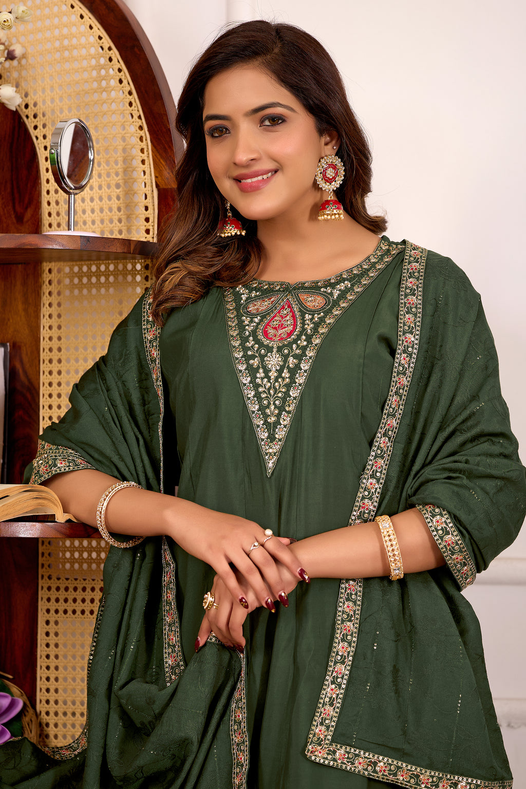 Hunter Green Roman Silk Trangle Embroidered Kurta Set with Dupatta for Women | 3-Piece Festive Wear