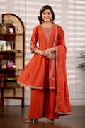 Burnt Orange Roman Silk Trangle Embroidered Kurta Set with Dupatta for Women | 3-Piece Festive Wear