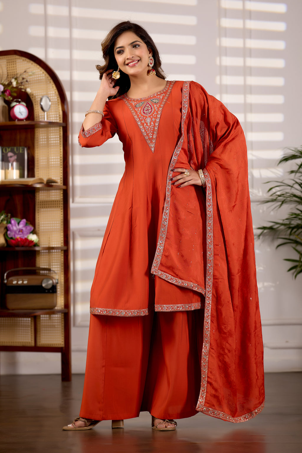 Burnt Orange Roman Silk Trangle Embroidered Kurta Set with Dupatta for Women | 3-Piece Festive Wear