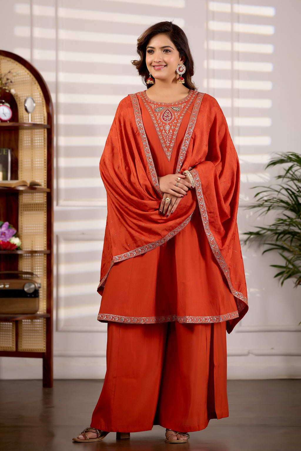 Burnt Orange Roman Silk Trangle Embroidered Kurta Set with Dupatta for Women | 3-Piece Festive Wear