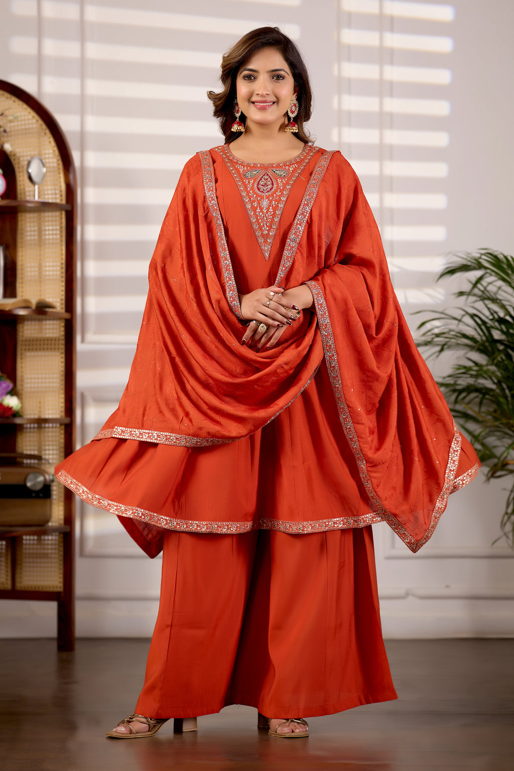 Burnt Orange Roman Silk Trangle Embroidered Kurta Set with Dupatta for Women | 3-Piece Festive Wear
