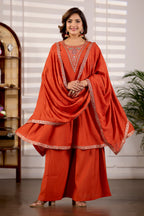 Burnt Orange Roman Silk Trangle Embroidered Kurta Set with Dupatta for Women | 3-Piece Festive Wear