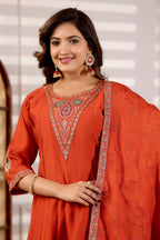 Burnt Orange Roman Silk Trangle Embroidered Kurta Set with Dupatta for Women | 3-Piece Festive Wear