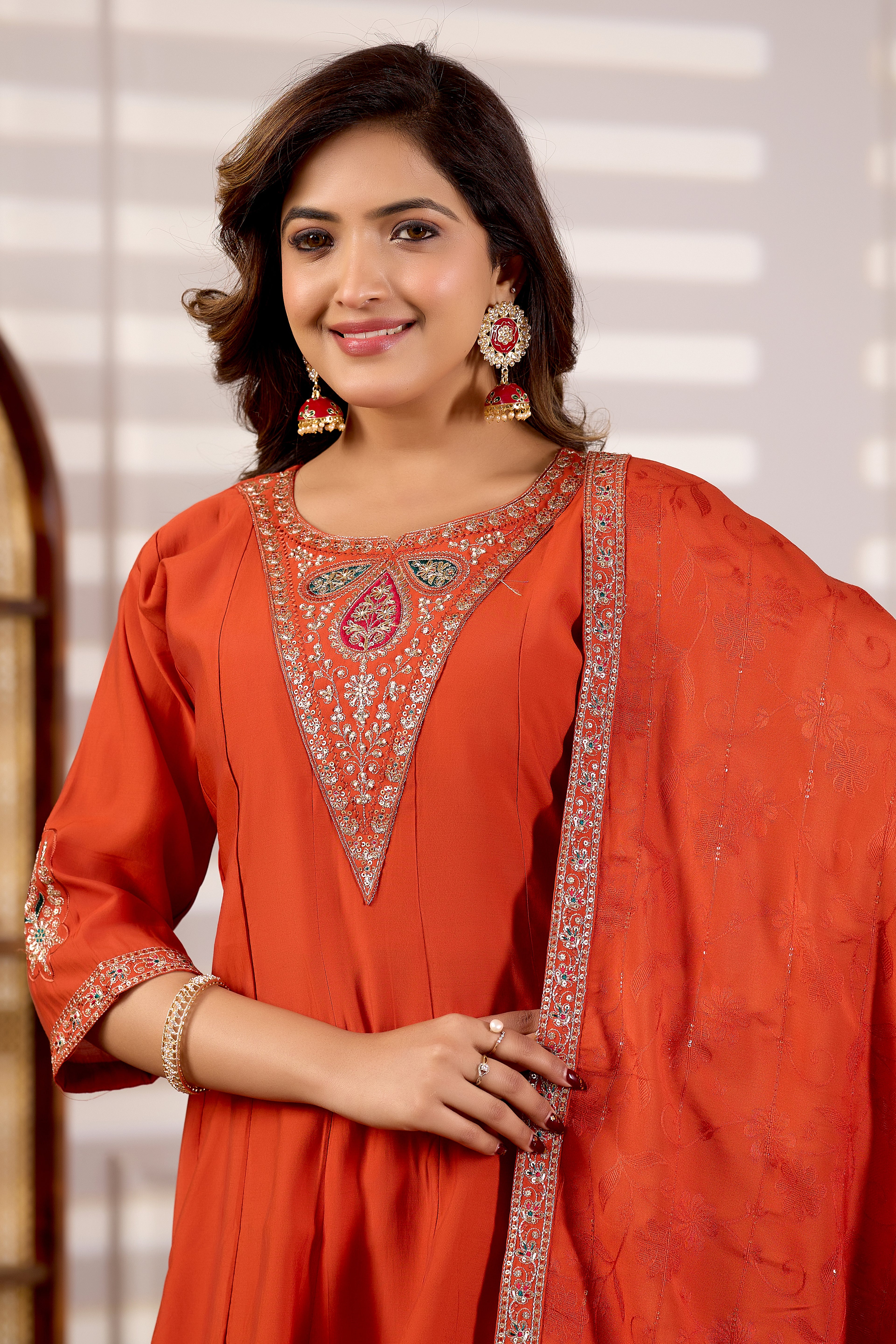 Burnt Orange Roman Silk Trangle Embroidered Kurta Set with Dupatta for Women | 3-Piece Festive Wear