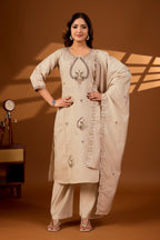 Premium Beige Roman Silk Mayura Darpan Embroidered Kurta Set with Dupatta for Women | Festive & Office Wear