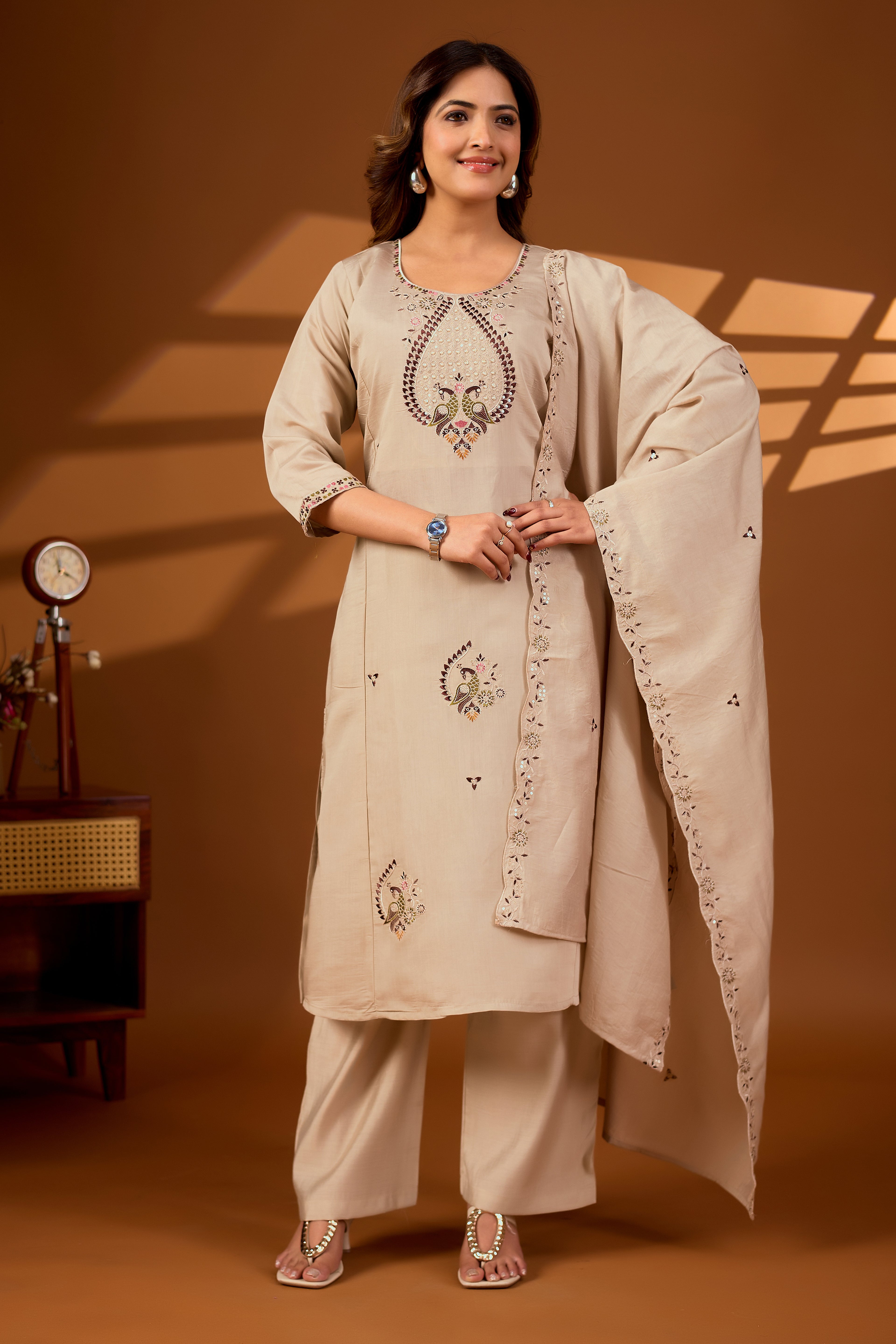 Premium Beige Roman Silk Mayura Darpan Embroidered Kurta Set with Dupatta for Women | Festive & Office Wear
