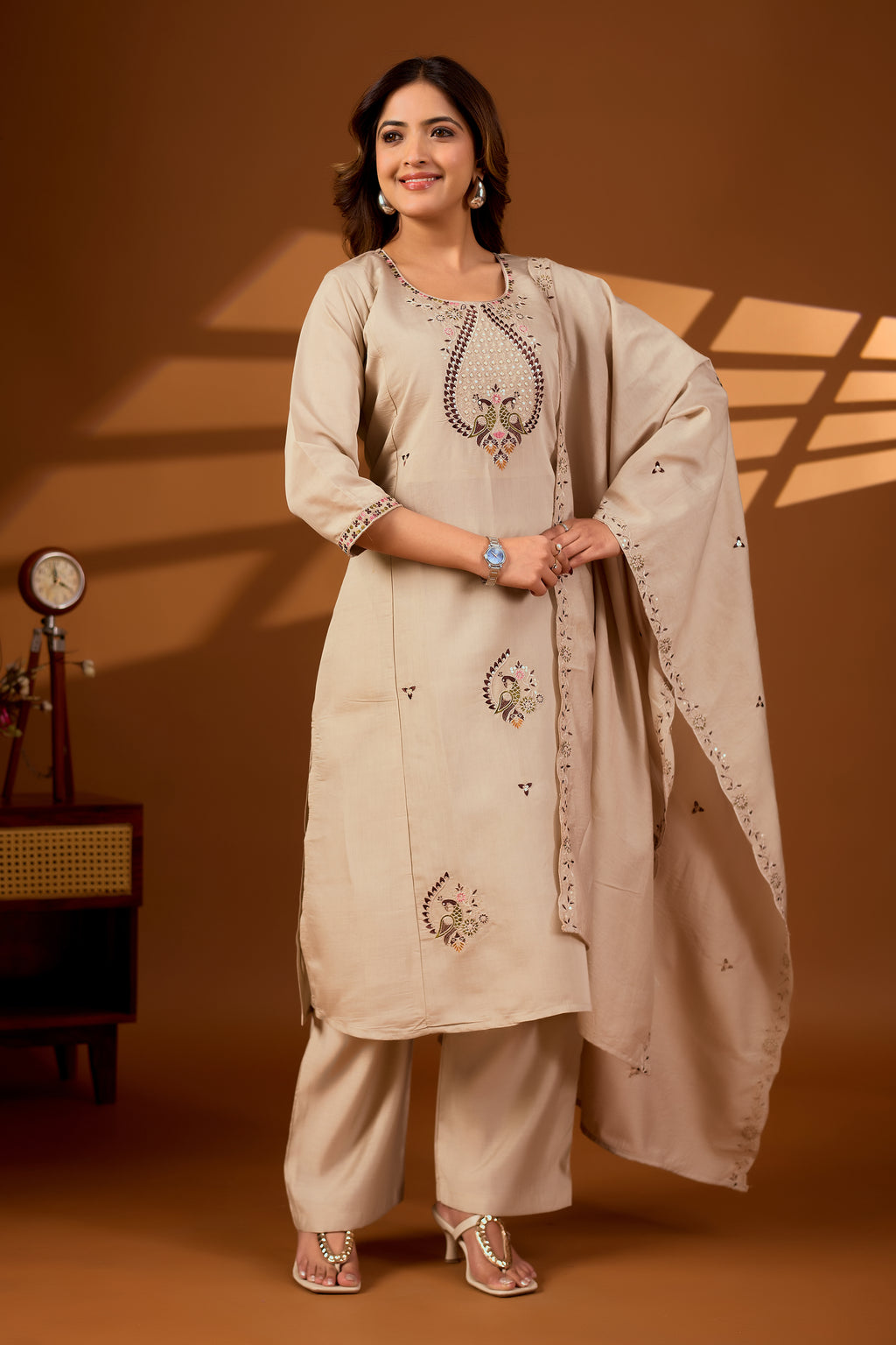Premium Beige Roman Silk Mayura Darpan Embroidered Kurta Set with Dupatta for Women | Festive & Office Wear
