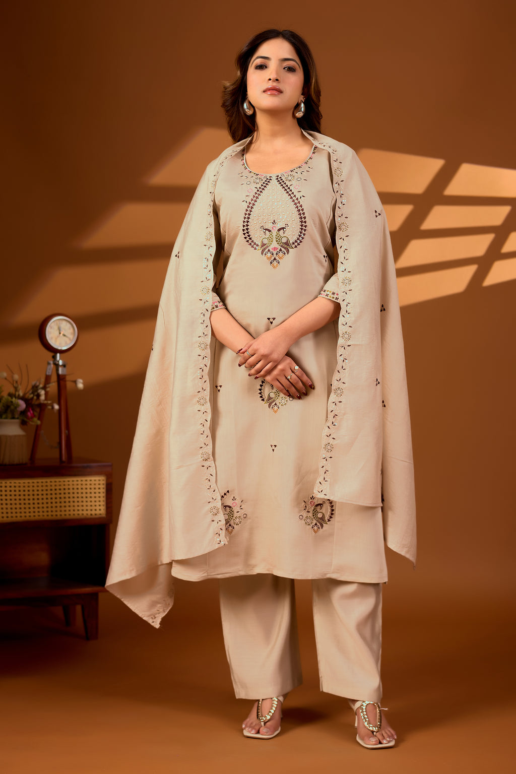 Premium Beige Roman Silk Mayura Darpan Embroidered Kurta Set with Dupatta for Women | Festive & Office Wear