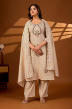 Premium Beige Roman Silk Mayura Darpan Embroidered Kurta Set with Dupatta for Women | Festive & Office Wear