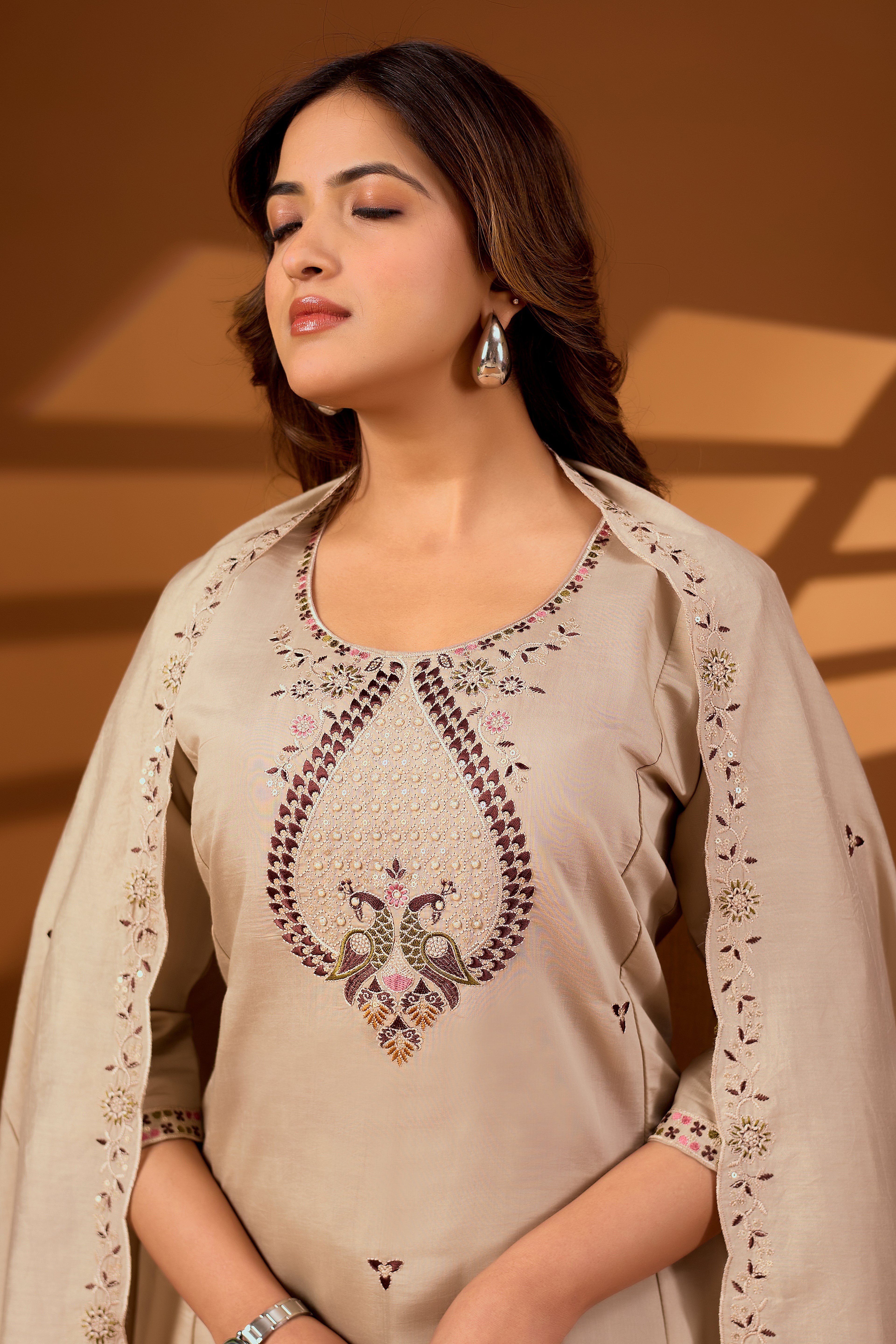 Premium Beige Roman Silk Mayura Darpan Embroidered Kurta Set with Dupatta for Women | Festive & Office Wear