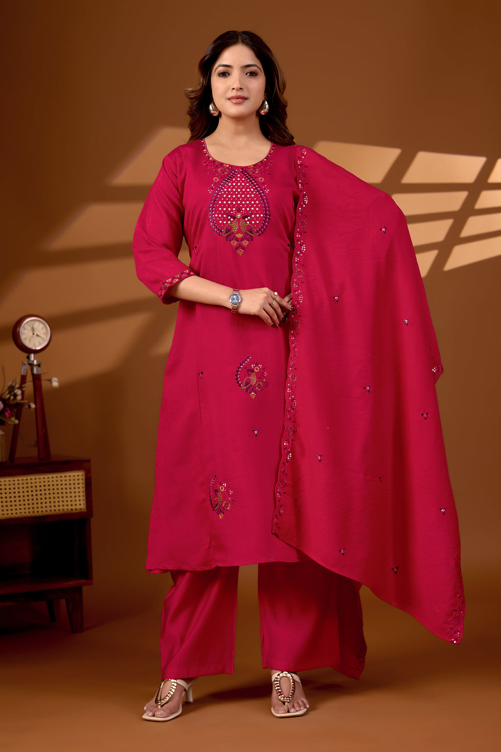 Premium Rani Pink Roman Silk Mayura Darpan Embroidered Kurta Set with Dupatta for Women | Festive & Office Wear