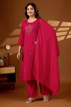 Premium Rani Pink Roman Silk Mayura Darpan Embroidered Kurta Set with Dupatta for Women | Festive & Office Wear