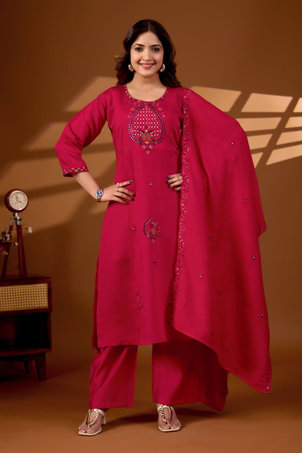 Premium Rani Pink Roman Silk Mayura Darpan Embroidered Kurta Set with Dupatta for Women | Festive & Office Wear