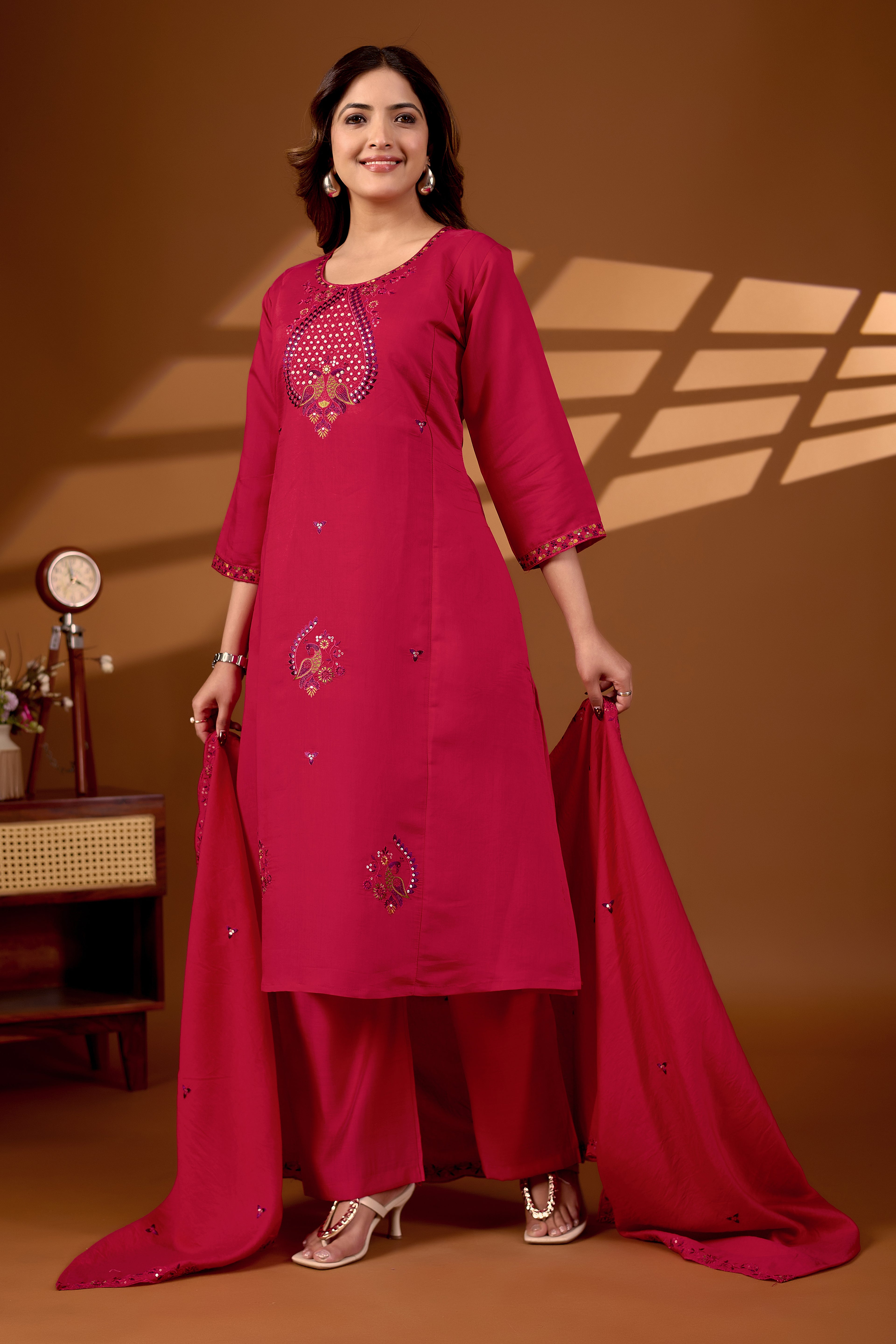 Premium Rani Pink Roman Silk Mayura Darpan Embroidered Kurta Set with Dupatta for Women | Festive & Office Wear