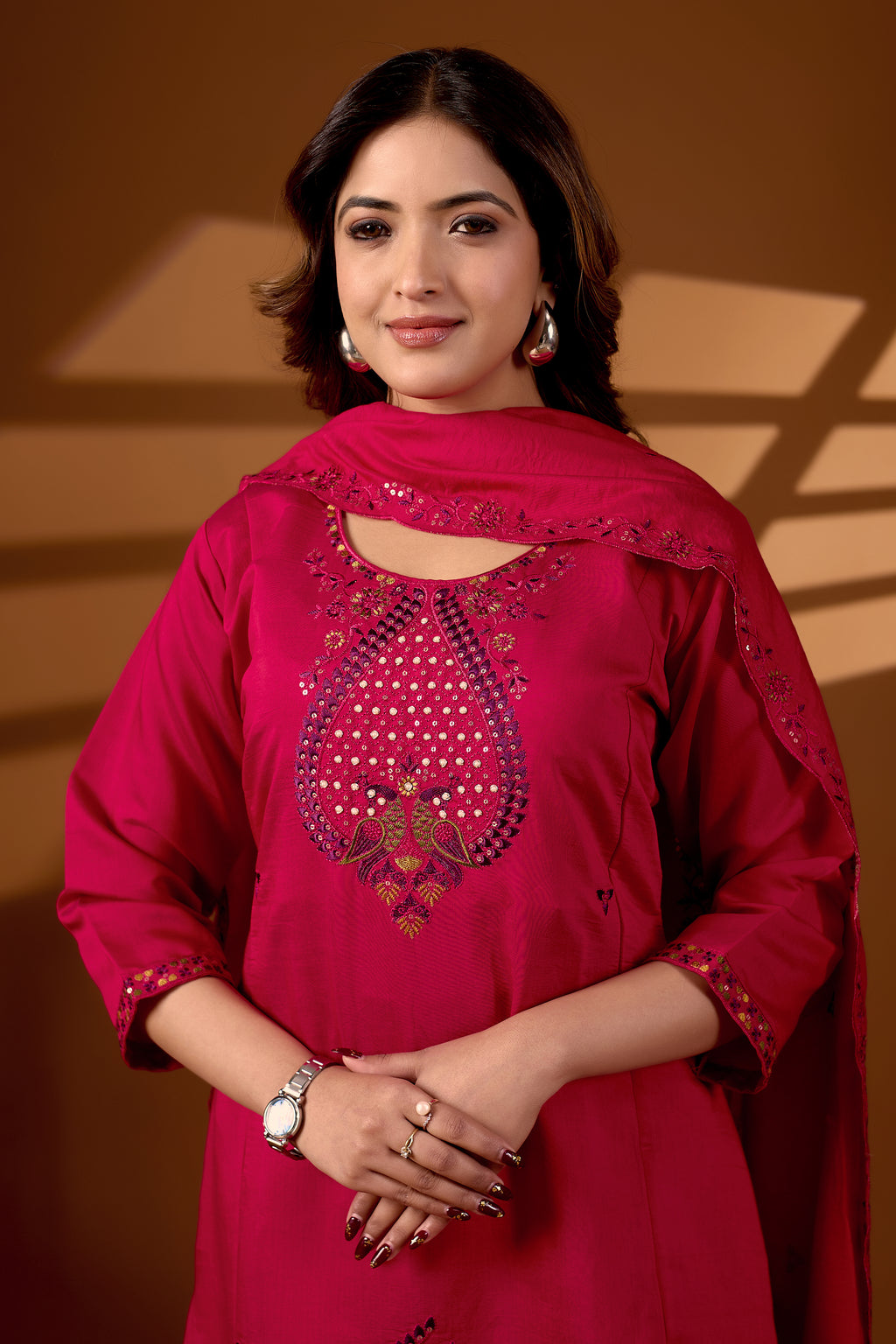 Premium Rani Pink Roman Silk Mayura Darpan Embroidered Kurta Set with Dupatta for Women | Festive & Office Wear