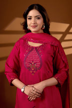Premium Rani Pink Roman Silk Mayura Darpan Embroidered Kurta Set with Dupatta for Women | Festive & Office Wear