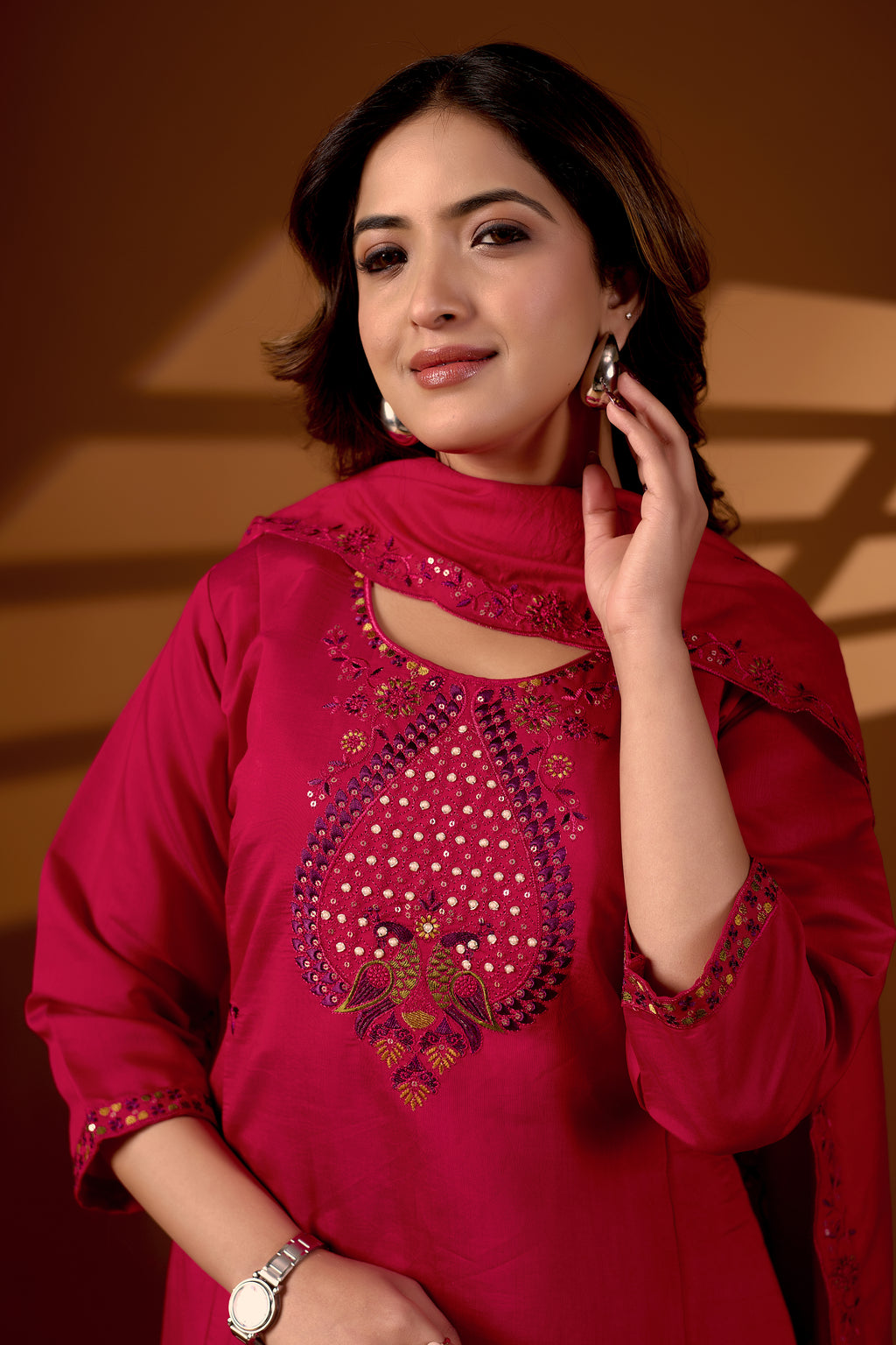 Premium Rani Pink Roman Silk Mayura Darpan Embroidered Kurta Set with Dupatta for Women | Festive & Office Wear